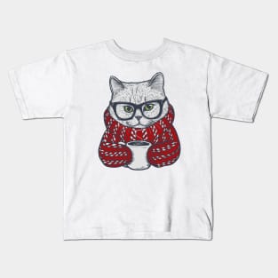 Candy Cane Sweater Coffee Cat Kids T-Shirt